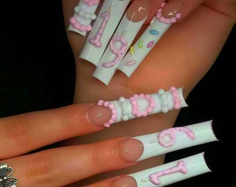 Cake Long square Press On Nails,hand painted nail,custom number press on nails,3D Nails,Nails,Acrylic Nails  ,Fake nails,Nail Art,star nails