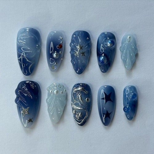 Wedding Nails ,blue Almond Nails Hand Painted Nail,custom Press on Nails,3d  Nails,acrylic Nails ,fake Nails,nail Art,dreamy Nails - Etsy