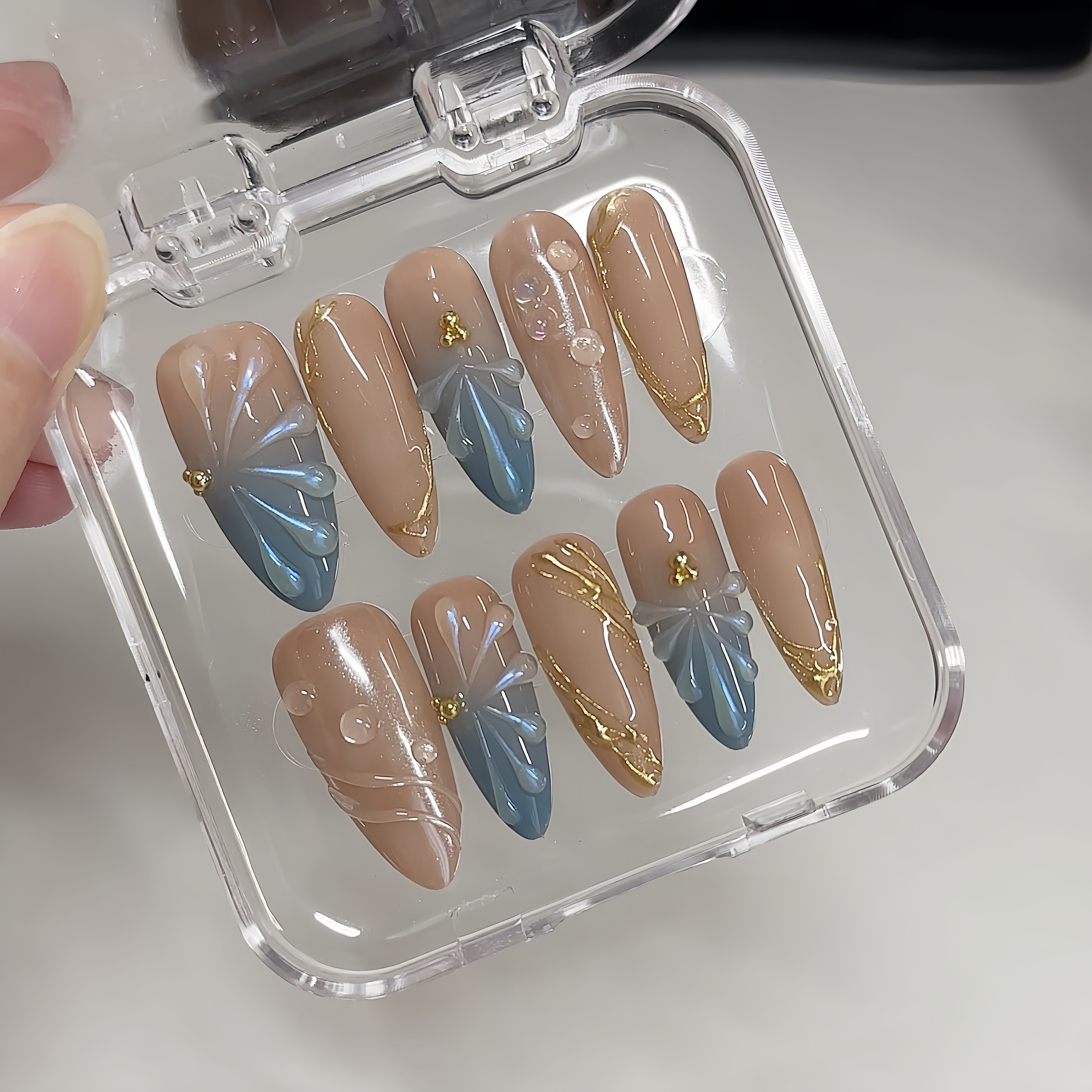Custom Nail Shell Blue Shell Nails,custom Handpainted Acrylic Summer,beach Holiday Summer ...