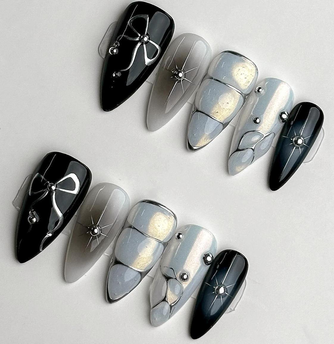 Dark Black Almond Press On Nails,hand painted nail,custom press on nails,3D Nails,French Nails,Acrylic Nails  ,Fake nails,Nail Art,Bow nails