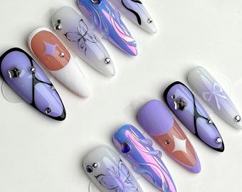 Ongles de mariage, Presse de fleurs violettes sur les ongles, Ongles en amande, Clous de fleurs, Acrylique peint à la main sur mesure pour l'été, Faux ongles, Ongles fleuris, Cadeau pour fille