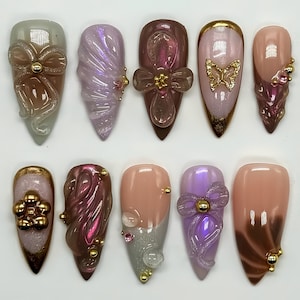 Dreamy Flower Nails,Bow Press On Nail Almond Nails ,Custom Handpainted Acrylic nail,False Nail, Floral Nails,Floral nails,3D nails