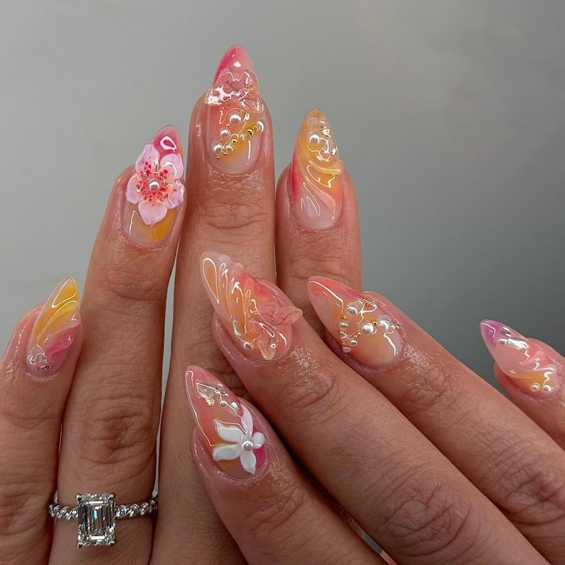 Pink Flower Nails,Orchard Flower Press On Nail Almond Nails ,Custom Handpainted Acrylic nail,False Nail, Floral Nails,Dreamy nails,3D nails image 1