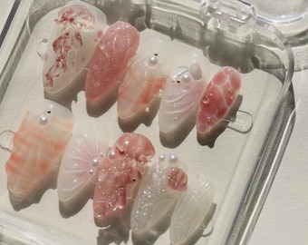 Ongles de rêve, ongles peints à la main de méduses, presse personnalisée sur les ongles, ongles 3D, ongles mignons, ongles acryliques, faux ongles, art d'ongle, cadeau fille