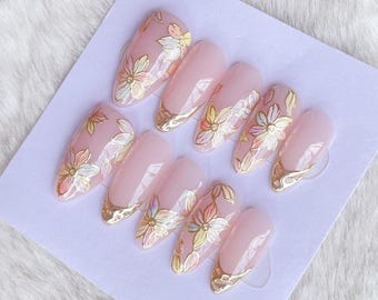 Enchanting Stylish nails,Pink hand painted nail,custom press on nails,3D Nails,Gel Nails,Acrylic Nails  ,Fake nails,Nail Art,Cute nails