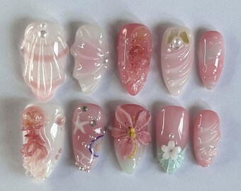 Ongles de rêve, ongles peints à la main de méduses, presse personnalisée sur les ongles, ongles 3D, ongles mignons, ongles acryliques, faux ongles, art d'ongle, cadeau fille