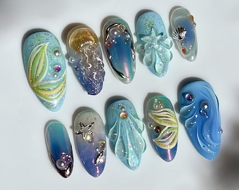 Ongles de rêve, ongles peints à la main de méduses, presse personnalisée sur les ongles, ongles 3D, ongles mignons, ongles acryliques, faux ongles, art d'ongle, cadeau fille