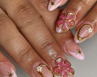Pink nails, hand painted nail,custom press on nails,3D Nails,GelNails,Acrylic Nails  ,Fake nails,Nail Art,Cute nails,Girl gift,gift for her