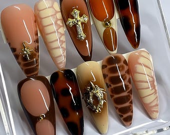 Dark Brown Almond Press On Nails,hand painted nail,custom press on nails,3D Nails,Star Nails,Acrylic Nails  ,Fake nails,Nail Art,star nails