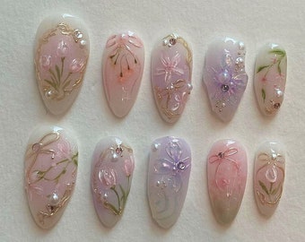 Wedding nails ,Flower Nails hand painted nail,custom press on nails,3D Nails,Tulips Nails,Acrylic Nails  ,Fake nails,Nail Art,Floral Nails