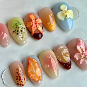 Unhas de casamento, unhas de pressão de flor roxa, unhas de amêndoa, unhas de flores, acrílico personalizado pintado à mão, verão, unhas postiças, unhas florais, presente para meninas
