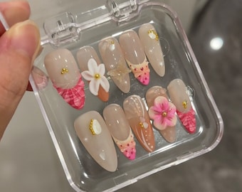Flower nails,Pink hand painted nail,custom press on nails,3D Nails,Gel Nails,Acrylic Nails  ,Fake nails,Nail Art,Cute nails,Girl gift