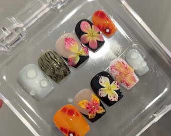 Flower short Coffin nails,Pink hand painted nail,custom press on nails,3D Nails,Gel Nails,Acrylic Nails  ,Fake nails,Nail Art,Cute nails