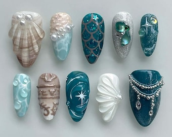 Ongles de rêve, ongles peints à la main de méduses, presse personnalisée sur les ongles, ongles 3D, ongles mignons, ongles acryliques, faux ongles, art d'ongle, cadeau fille