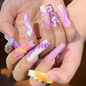 Unhas de flores roxas, unhas de pressão de flores de pomar, unhas de amêndoa, unhas de acrílico personalizadas pintadas à mão, unhas postiças, unhas florais, unhas de sonho, 3D