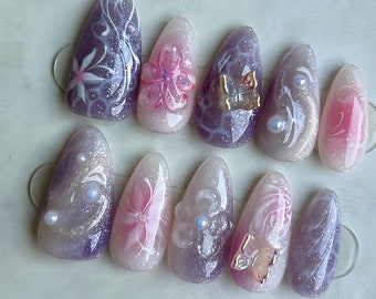 Ongles de mariage, Presse de fleurs violettes sur les ongles, Ongles en amande, Clous de fleurs, Acrylique peint à la main sur mesure pour l'été, Faux ongles, Ongles fleuris, Cadeau pour fille