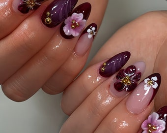 Ongles de mariage, Presse de fleurs violettes sur les ongles, Ongles en amande, Clous de fleurs, Acrylique peint à la main sur mesure pour l'été, Faux ongles, Ongles fleuris, Cadeau pour fille
