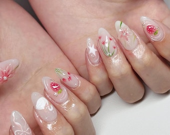 Enchanting Cute Stylish nails,Pink hand painted nail,custom press on nails,3D Nails,Gel Nails,Acrylic Nails  ,Fake nails,Nail Art,Cute nails