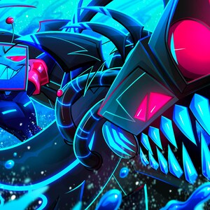 May include: A digital illustration featuring a character with a television screen for a head, displaying a wide grin and red eyes, alongside a large, dark, mechanical creature with glowing blue teeth and a prominent red eye, set against a blue background.