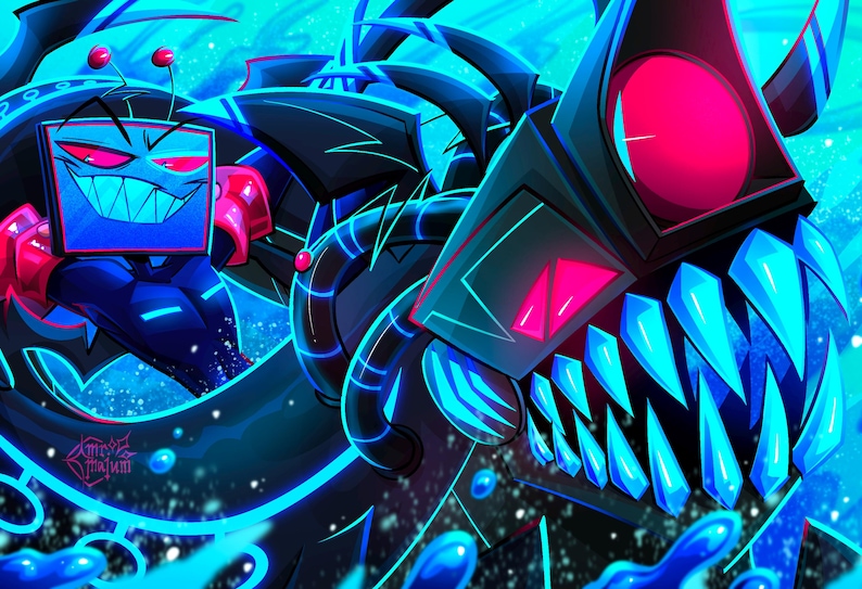 May include: A digital illustration featuring a character with a television screen for a head, displaying a wide grin and red eyes, alongside a large, dark, mechanical creature with glowing blue teeth and a prominent red eye, set against a blue background.
