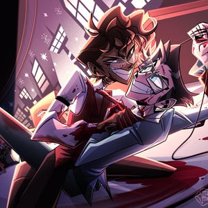 以下が含まれることがあります： ドラマチックなシーンの2人のキャラクターのイラスト。メガネと赤いベストを着たキャラクターが、白いコートを着た別のキャラクターに近づいています。どちらも包帯と血があります。背景には都市景観が描かれています。