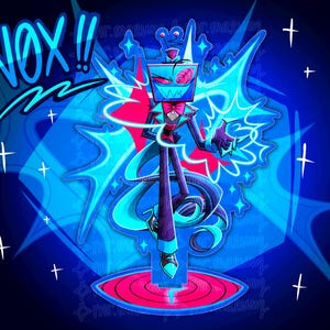 May include: Illustration of a character named Vox, with a box-shaped head and a television screen face. The character is dressed in a suit with a bow tie, standing on a platform. The background is a vibrant blue with star-like accents and the word "VOX!!".