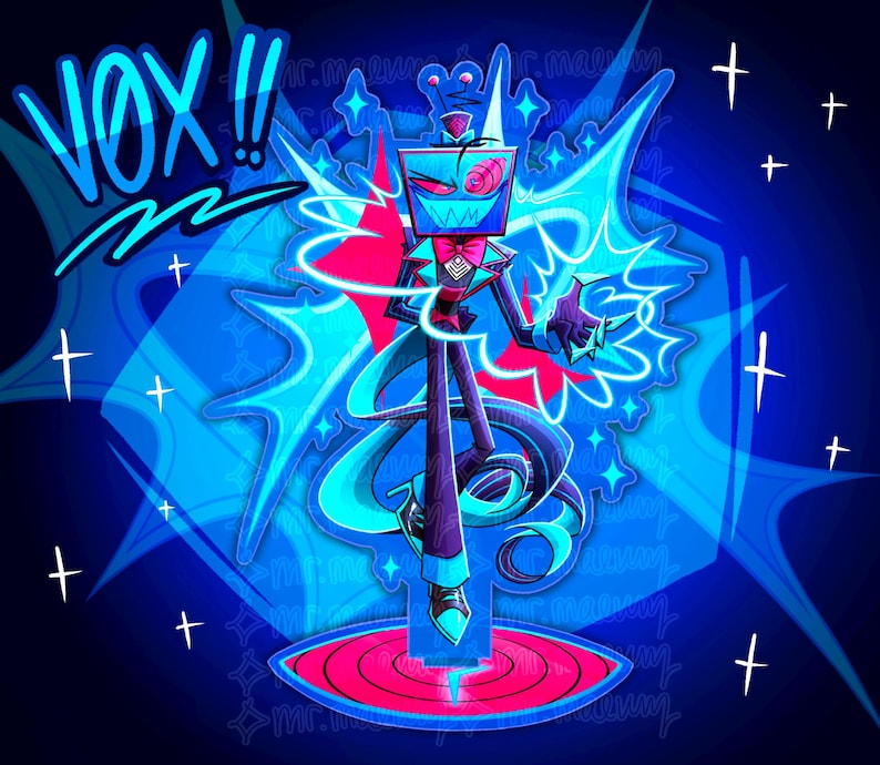 May include: Illustration of a character named Vox, with a box-shaped head and a television screen face. The character is dressed in a suit with a bow tie, standing on a platform. The background is a vibrant blue with star-like accents and the word "VOX!!".