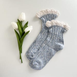 Cotton Blend Ankle Socks With Crochet Trim, Blue