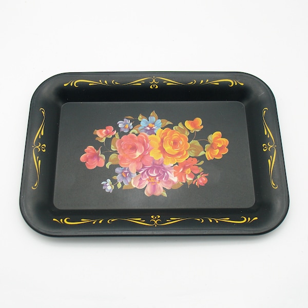 Vintage Tole Tray Flowers Metal Tip Tray