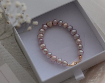 Bracciale di perle d'acqua dolce rosa, riempito d'oro, gioielli delicati