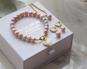Set di gioielli di perle rosa, riempito d'oro, perle vere, fatto a mano