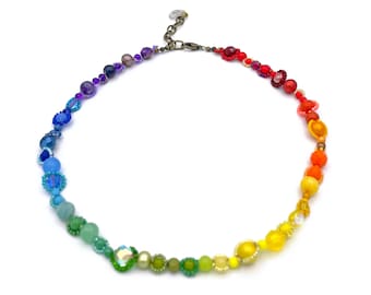 Rainbow Beaded Flower Choker 18"