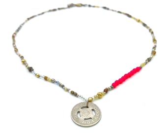 Vintage Coin Necklace with stone, metal, wood and glass beads