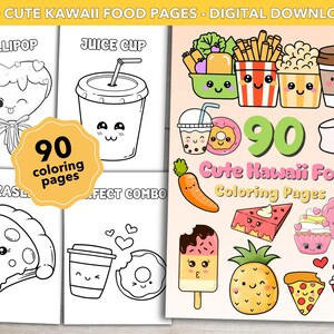 90 Cute Kawaii Food Coloring Pages | Easy Coloring for Kids | Preschoolers Toddlers Activities | Homeschool Coloring Book | Digital Download