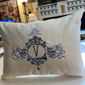 Custom Foo Dog Pagoda Embroidered Monogram Pillow -12&quot; by 16&quot;- Complete Pillow  -Always Free Shipping