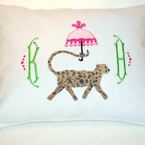 Custom Chinoiserie Cheetah with Parasol Embroidered Monogram Pillow -12" by 16"- Complete Pillow or case only -Always Free Shipping