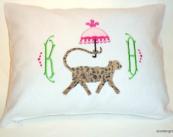 Custom Chinoiserie Cheetah with Parasol Embroidered Monogram Pillow -12" by 16"- Complete Pillow or case only -Always Free Shipping