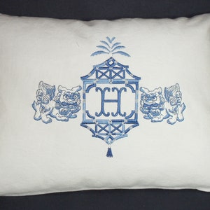 Custom Foo Dog Pagoda Embroidered Monogram Pillow -12" by 16"- Complete Pillow  -Always Free Shipping