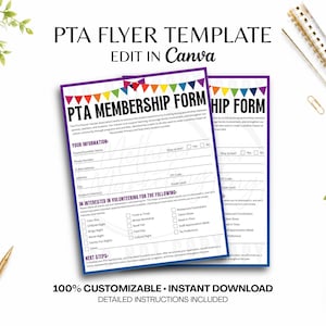 May include: A PTA membership form template with a colorful pennant banner at the top. The document includes sections for parent information, student details, and volunteer interest checkboxes. The text reads PTA FLYER TEMPLATE EDIT IN Canva.