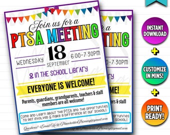 Flyersjabloon PTA-vergadering: bewerkbaar canvasontwerp regenboogthema | PTSA-aankondiging school-PTO | Directe digitale download