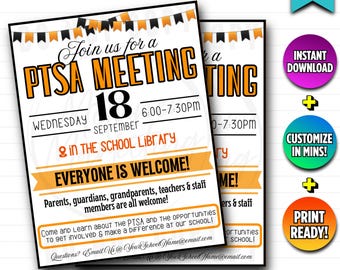 Flyersjabloon PTA-vergadering: zwart-oranje thema bewerkbaar canvasontwerp | PTSA-aankondiging school-PTO | Directe digitale download