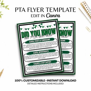 May include: A PTA flyer template with a green and white color scheme featuring the text DID YOU KNOW the PTA does that? and sections for School Events & Fundraising, School Improvements, and Teacher & Staff Support, editable in Canva.