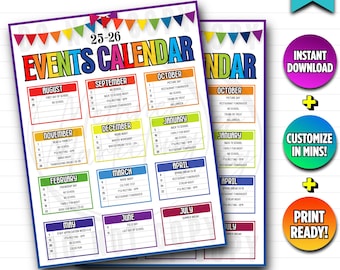 May include: A colorful events calendar flyer with the text "Calendar of Events Flyer" and "Events Calendar." The calendar features months from August to July, with space for event details. The flyer includes the text "Download. Edit. Print. It's that easy!"