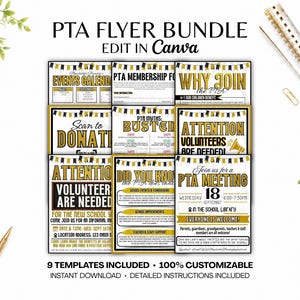 Op de afbeelding: Een digitale bundel van negen PTA-flyersjablonen met zwart-gouden kleurenschema's en vlaggetjesaccenten. De tekst bevat PTA FLYER BUNDLE, EDIT IN CANVA, EVENTS CALENDAR, PTA MEMBERSHIP FORM, WHY JOIN THE PTA, SCAN TO DONATE, PTA MYTHS BUSTED, ATTENTION VOLUNTEERS ARE NEEDED, DID YOU KNOW en PTA MEETING.