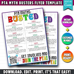Peut inclure: Un modèle de flyer "PTA Myth Busters" avec le mot "BUSTED" en lettres colorées. Le flyer démystifie les mythes courants de la PTA avec des faits. Comprend un code QR pour rejoindre la PTA et des boutons pour le téléchargement instantané, la personnalisation et l'impression.