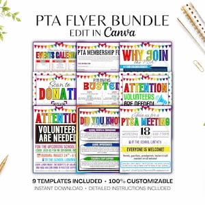 PTA PTO Recruiting Flyer Bundle | Membership Form, Meetings, Why Join, Myth Busters, Calendar of Events & More (Editable Canva Templates)