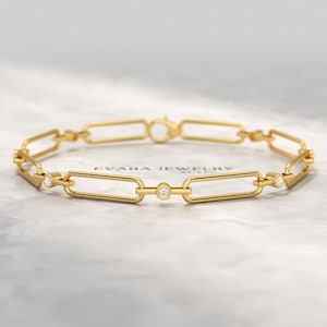 Diamond Paperclip Bracelet – 14K Gold Stacking Chain Lab Grown Diamond Bracelet, Gift for Her