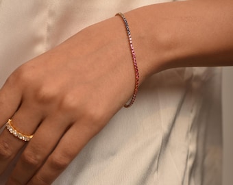 3.18 Carat Natural Rainbow Sapphire Tennis Bracelet In 14k/18k Solid Gold - Fine Bracelet Dainty Jewelry For Women Anniversary Birthday Gift
