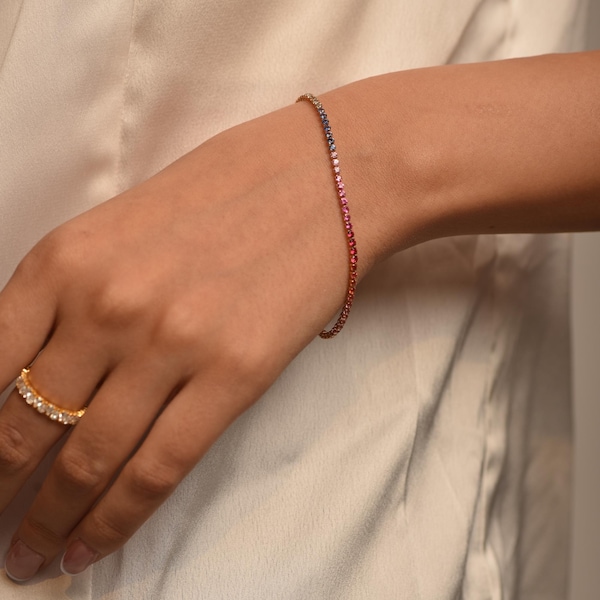 Rainbow Sapphire Tennis Bracelet: 3.18 Carat, 14k Solid Gold Fine Jewelry