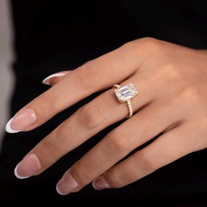5 Carat Emerald Cut Lab Grown Diamond Proposal Ring – Pave Diamond Band, Hidden Halo, Solid Gold Engagement Ring, Anniversary Gift for Her